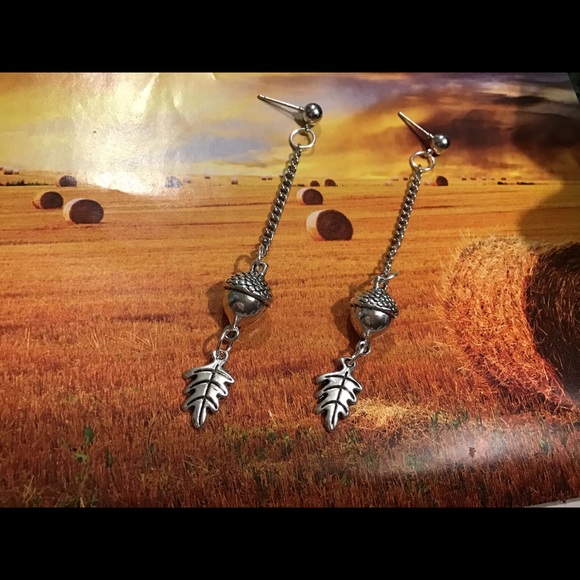 Acorn leaf silver handmade drop earrings stainless - Picture 4 of 11